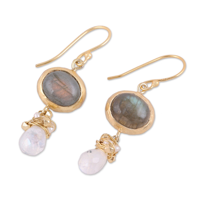Gold plated multi-gemstone dangle earrings, 'Ethereal Majesty' - 22k Gold Plated Multi-Gemstone Dangle Earrings from India