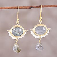 Gold plated cultured pearl and labradorite dangle earrings, 'Everlasting Allure' - 22k Gold Plated Cultured Pearl and Labradorite Earrings