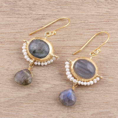 Gold plated cultured pearl and labradorite dangle earrings, 'Everlasting Allure' - 22k Gold Plated Cultured Pearl and Labradorite Earrings
