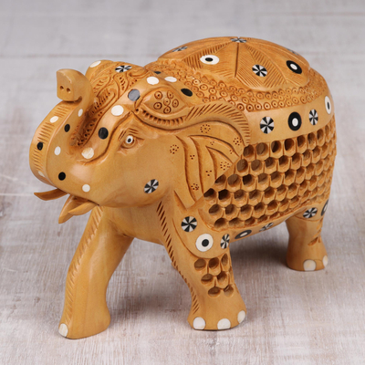 Estatuilla de madera - Figura de elefante con bebé de madera tallada a mano, procedente de la India