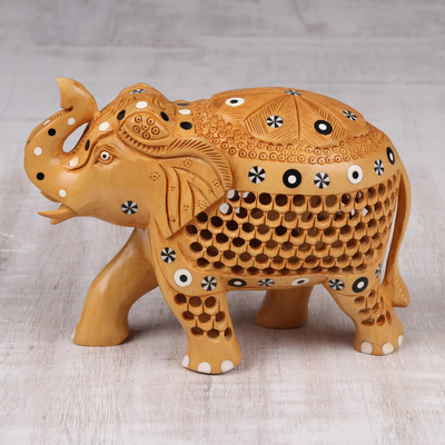 Wood figurine, 'Adorned Elephant' - Hand-Carved Wood Elephant with Baby Figurine from India