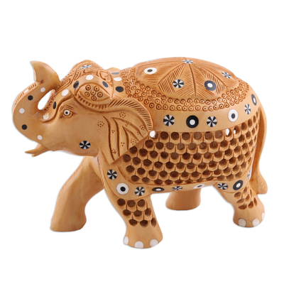 Wood figurine, 'Adorned Elephant' - Hand-Carved Wood Elephant with Baby Figurine from India