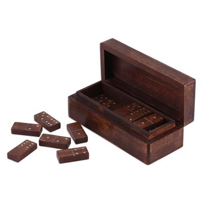 Wood domino set, 'Strategic' - Hand Carved Wood Aluminum Inlay Domino Set and Storage Box
