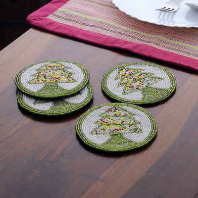 Beaded coasters, 'Pine Boughs' (set of 4) - Green and White Tree Motif Beaded Felt Coasters (Set of 4)