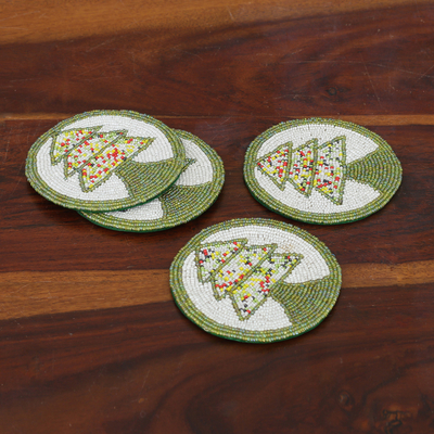 Beaded coasters, 'Pine Boughs' (set of 4) - Green and White Tree Motif Beaded Felt Coasters (Set of 4)