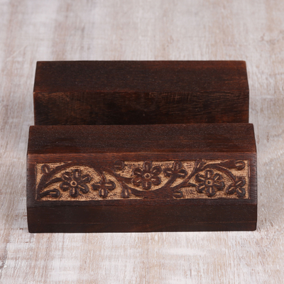 Wood mobile device stand, 'Desk Garden' - Wood Mobile Device Stand with Hand Carved Floral Motif