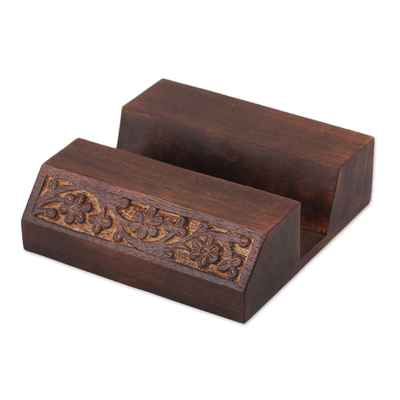 Wood mobile device stand, 'Desk Garden' - Wood Mobile Device Stand with Hand Carved Floral Motif