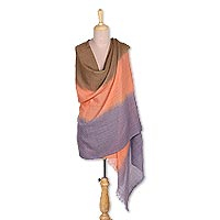 Tie-dyed wool shawl, 'Elegant Ombre' - Patterned Striped Wool Shawl from India