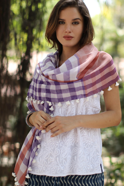 Cotton shawl, 'Gamocha Elegance' - Handwoven Cotton Shawl with Tassels from India