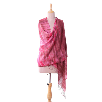 Tie-dyed cotton shawl, 'Ruby Tides' - Handmade Tie-Dyed Ruby Red Cotton Shawl with Fringe