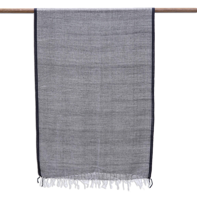 Cotton and wool blend shawl, 'Midnight in Uttarakhand' - Handwoven Grey Cotton and Wool Blend Shawl from India