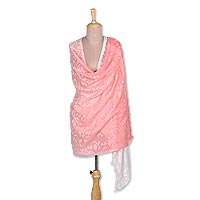 Handwoven Floral Cotton Shawl in Blush from India,'Vine Blush'