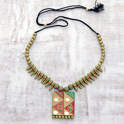 Halskette mit Keramikanhänger - Handbemalte Halskette mit geometrischem Saga-Keramikanhänger