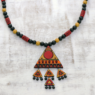 Ceramic pendant necklace, 'Dancing Pyramid' - Red, Yellow Black Triangle Pendant Beaded Cord Necklace