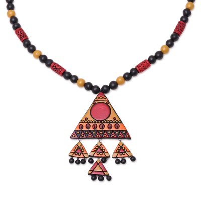 Ceramic pendant necklace, 'Dancing Pyramid' - Red, Yellow Black Triangle Pendant Beaded Cord Necklace
