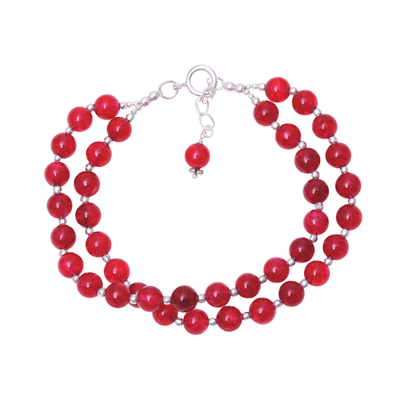 Quartz beaded bracelet, 'Felicity in Red' - Sterling Silver and Red Quartz Beaded Bracelet from India