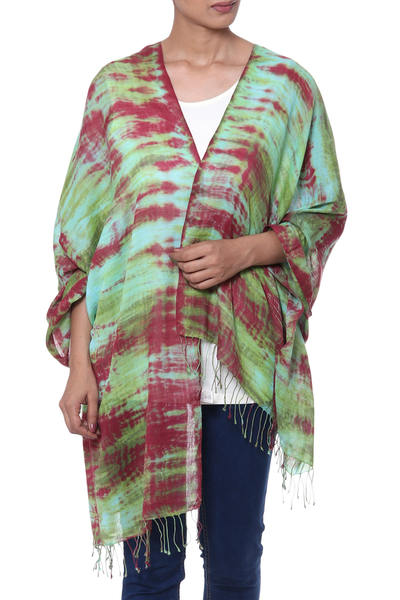 Cotton shawl, 'Cosmic Waves' - Red Green and Aqua Tie Dyed Cotton Shawl with Fringe