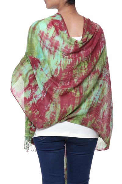 Cotton shawl, 'Cosmic Waves' - Red Green and Aqua Tie Dyed Cotton Shawl with Fringe