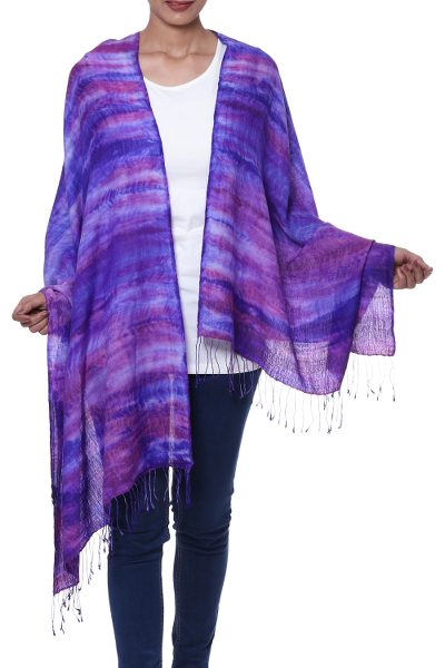 Tie-dyed silk and wool blend shawl, 'Ultramarine Beauty' - Purple and Blue Tie-Dyed Silk Wool Blend Shawl with Fringe