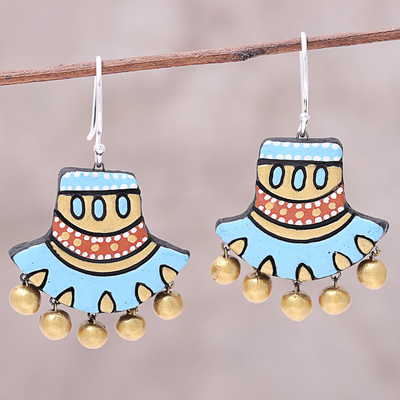 Ceramic dangle earrings, 'Bright Sky' - Hand-Painted Sky Blue and Golden Ceramic Dangle Earrings
