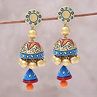 Ceramic dangle earrings, 'Festive Glamour' - Hand-Painted Festive Glamour Jhumka Ceramic Earrings