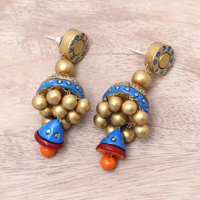 Ceramic dangle earrings, 'Festive Glamour' - Hand-Painted Festive Glamour Jhumka Ceramic Earrings