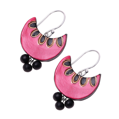 Ceramic dangle earrings, 'Pink Crescent' - Pink and Black Crescent Moon Ceramic Dangle Earrings
