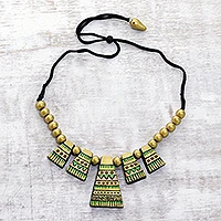 Collar con cuentas de cerámica, 'Tribal Hills' - Collar de declaración de cerámica Golden Tribal Hills hecho a mano