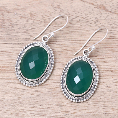 Onyx dangle earrings, 'Dreams of Green' - Oval Sterling Silver and Green Onyx Dreamy Dangle Earrings