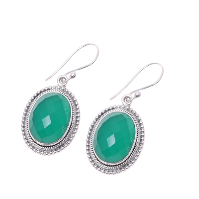 Onyx dangle earrings, 'Dreams of Green' - Oval Sterling Silver and Green Onyx Dreamy Dangle Earrings