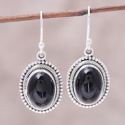 Black Onyx and Sterling Silver Oval Dangle Earrings - Shadow Dream | NOVICA