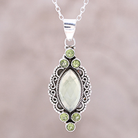 Prehnite and peridot pendant necklace, 'Glamour in Green' - Green Peridot and Prehnite Marquise Pendant Necklace