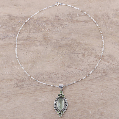 Prehnite and peridot pendant necklace, 'Glamour in Green' - Green Peridot and Prehnite Marquise Pendant Necklace