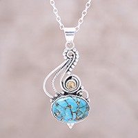 Citrine pendant necklace, 'Friendship Token' - Sterling Silver Composite Turquoise Citrine Necklace