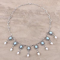 Featured review for Cultured pearl and larimar waterfall necklace, Ocean Halo