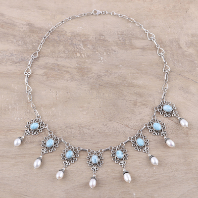 Cultured pearl and larimar waterfall necklace, 'Ocean Halo' - Sterling Silver Cultured Pearl and Larimar Necklace