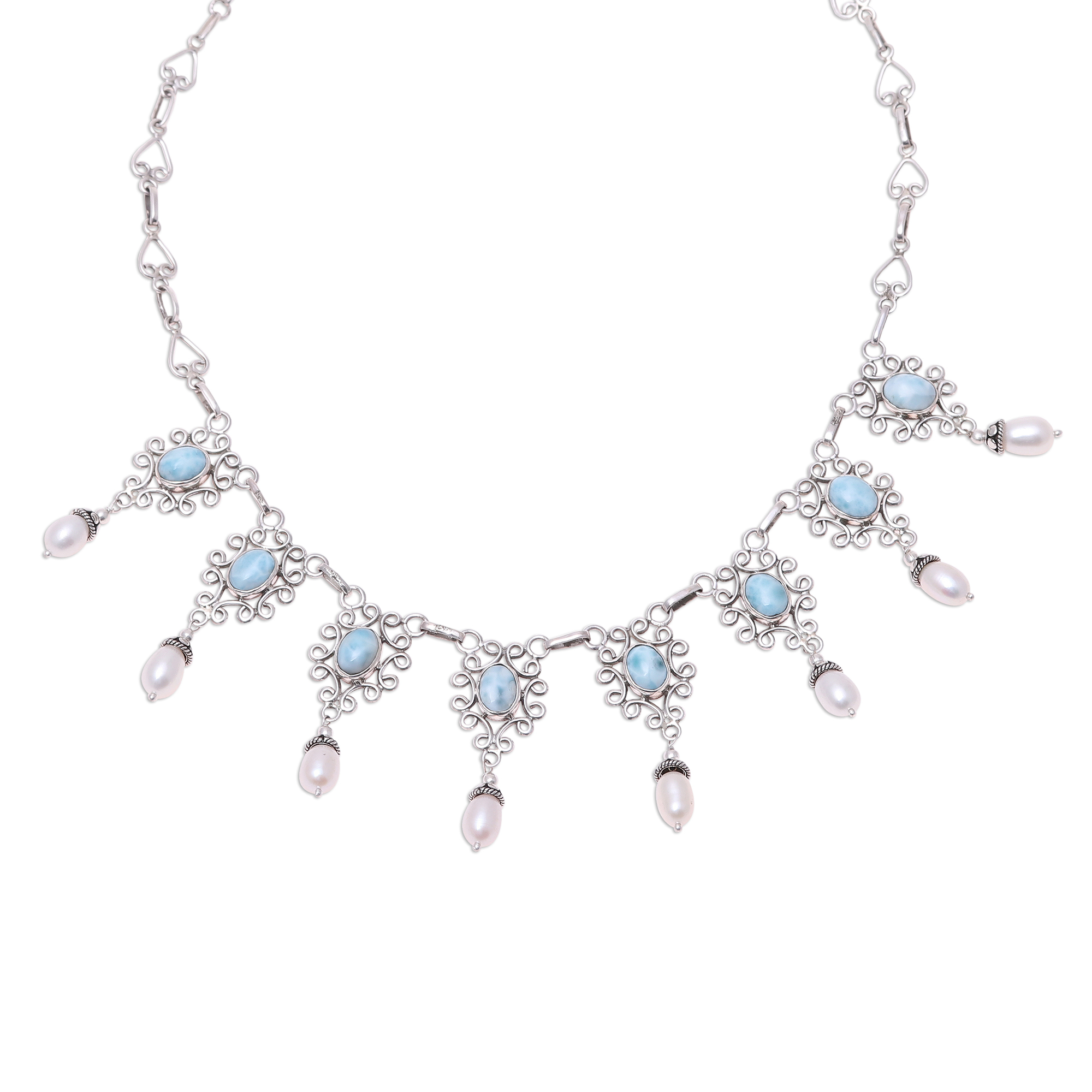Sterling Silver Cultured Pearl and Larimar Necklace - Ocean Halo | NOVICA