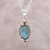 Citrine pendant necklace, 'Ocean in Sunlight' - Sterling Silver Citrine Composite Turquoise Ocean Necklace