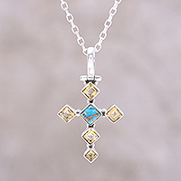 Citrine pendant necklace, 'Sunny Cross' - Citrine and Composite Turquoise Cross Pendant Necklace