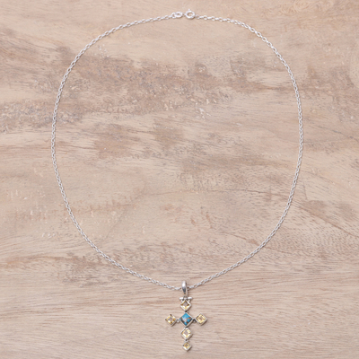 Halskette mit Citrin-Anhänger - Halskette mit Kreuzanhänger aus Citrin und zusammengesetztem Türkis