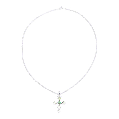 Peridot pendant necklace, 'Verdant Cross' - Peridot and Composite Turquoise Cross Pendant Necklace