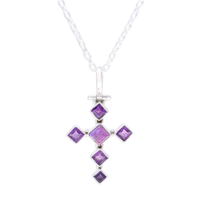 Amethyst pendant necklace, 'Violet Cross' - Amethyst and Composite Turquoise Cross Pendant Necklace