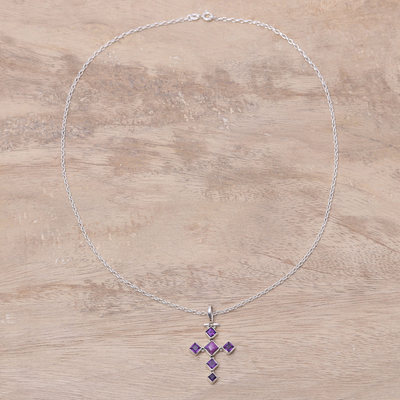 Amethyst pendant necklace, 'Violet Cross' - Amethyst and Composite Turquoise Cross Pendant Necklace