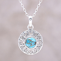 Sterling silver pendant necklace, 'Elegant Sea' - Composite Turquoise Sterling Silver Round Pendant Necklace