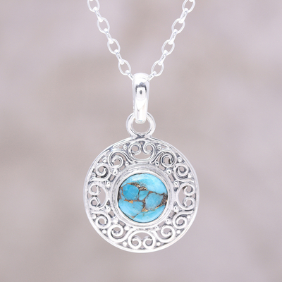 Sterling silver pendant necklace, 'Elegant Sea' - Composite Turquoise Sterling Silver Round Pendant Necklace