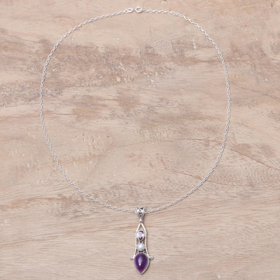 Cultured pearl and amethyst pendant necklace, 'Violet Reign' - Amethyst and Cultured Pearl Sterling Silver Pendant Necklace