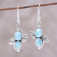 Larimar dangle earrings, 'Sky Flower Duo' - Larimar Ovals and Sterling Silver Leaves Dangle Earrings