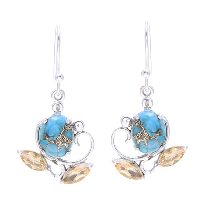 Citrine and Composite Turquoise Flower Dangle Earrings