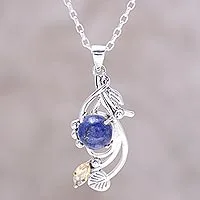 Lapis lazuli and citrine pendant necklace, 'Seaside Bloom' - Lapis Lazuli and Citrine Sterling Silver Pendant Necklace