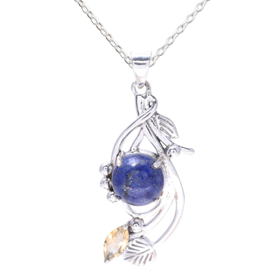 Lapis lazuli and citrine pendant necklace, 'Seaside Bloom' - Lapis Lazuli and Citrine Sterling Silver Pendant Necklace